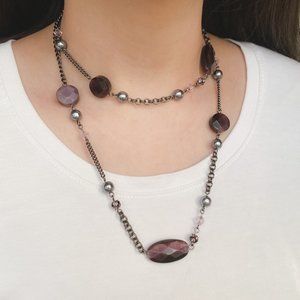 Avon 40" Deep Royal Purple Catseye Pearl Beaded Black Chain Layered Necklace